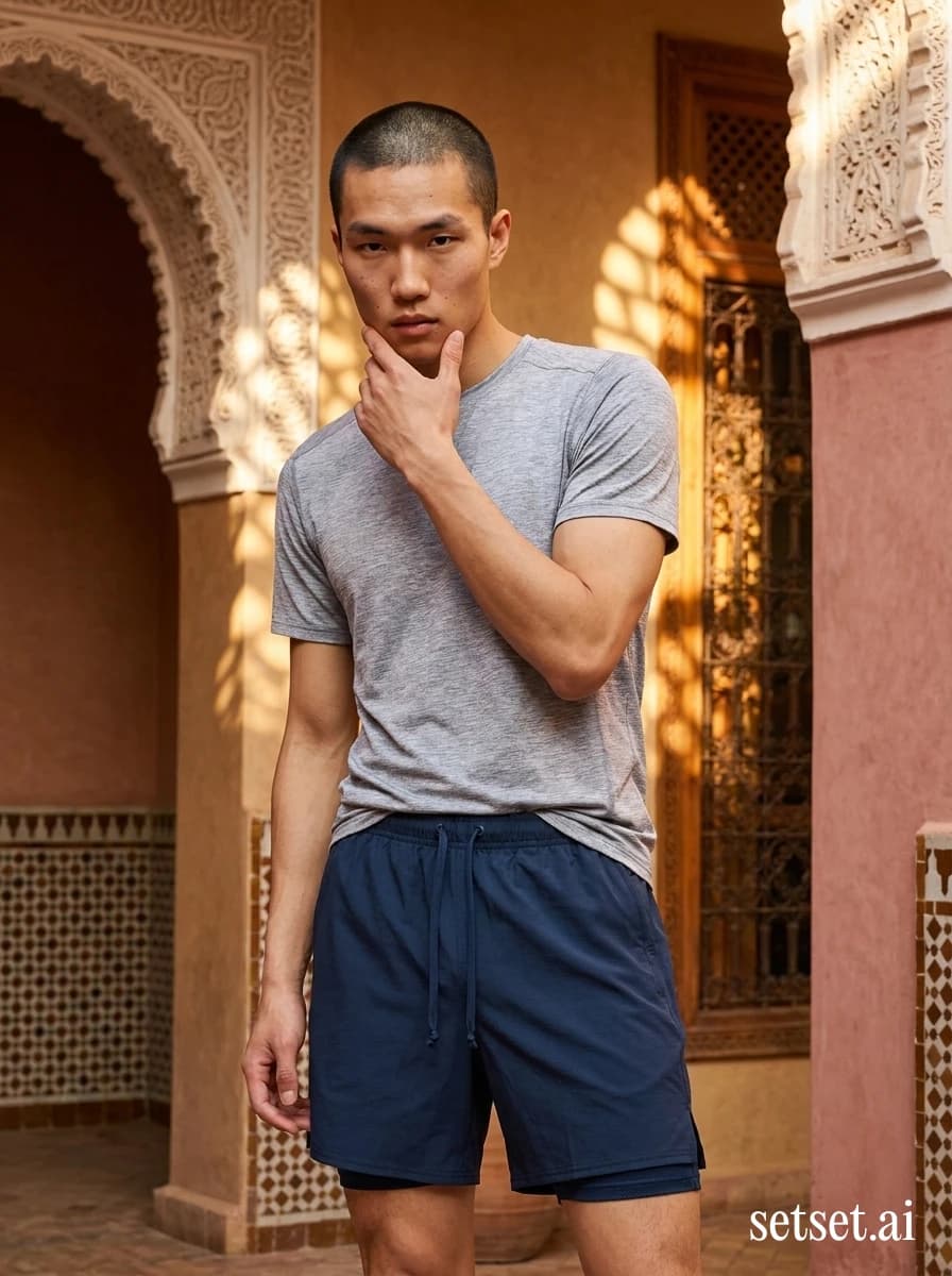 Men's heather gray t-shirt, navy running shorts, Marrakech fashion shoot. Technical run kit caught against carved zellige and ochre afternoon shadow in the riad.
