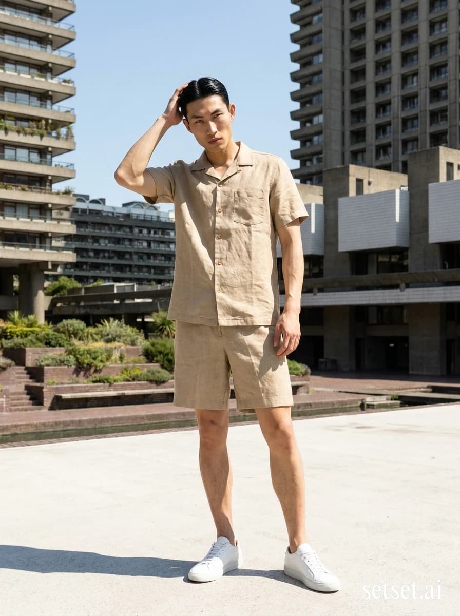 Men's summer linen matching set, brutalist concrete backdrop fashion shoot. Sand linen co-ord against the raw concrete weathering of the Barbican walkways.
