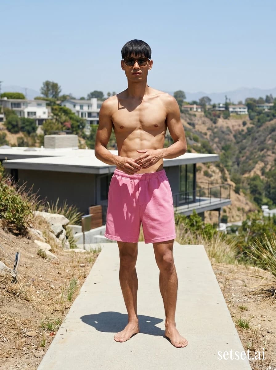 Men's summer swimwear outfit, bubblegum pink swim shorts, Los Angeles canyon. Shirtless bubblegum-pink swim short under unflinching noon on a Los Angeles canyon path.