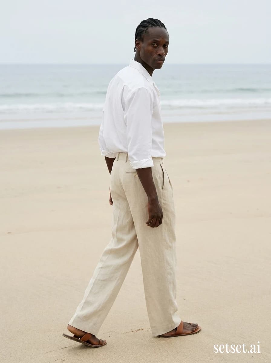 Men's spring beach outfit, white button-down and linen trousers, minimalist coastal photography. Half-tucked poplin walking away on calm sand under soft overcast coastal hush.