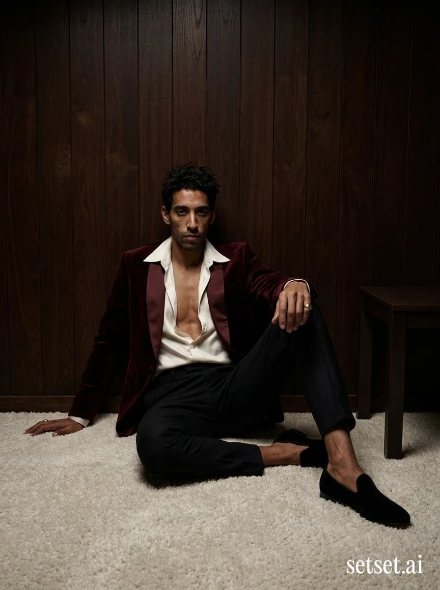 Moody winter fashion, men's burgundy velvet smoking jacket outfit. Saturated velvet lapel reading wet, sprawled on a shag carpet under dark mahogany planks.