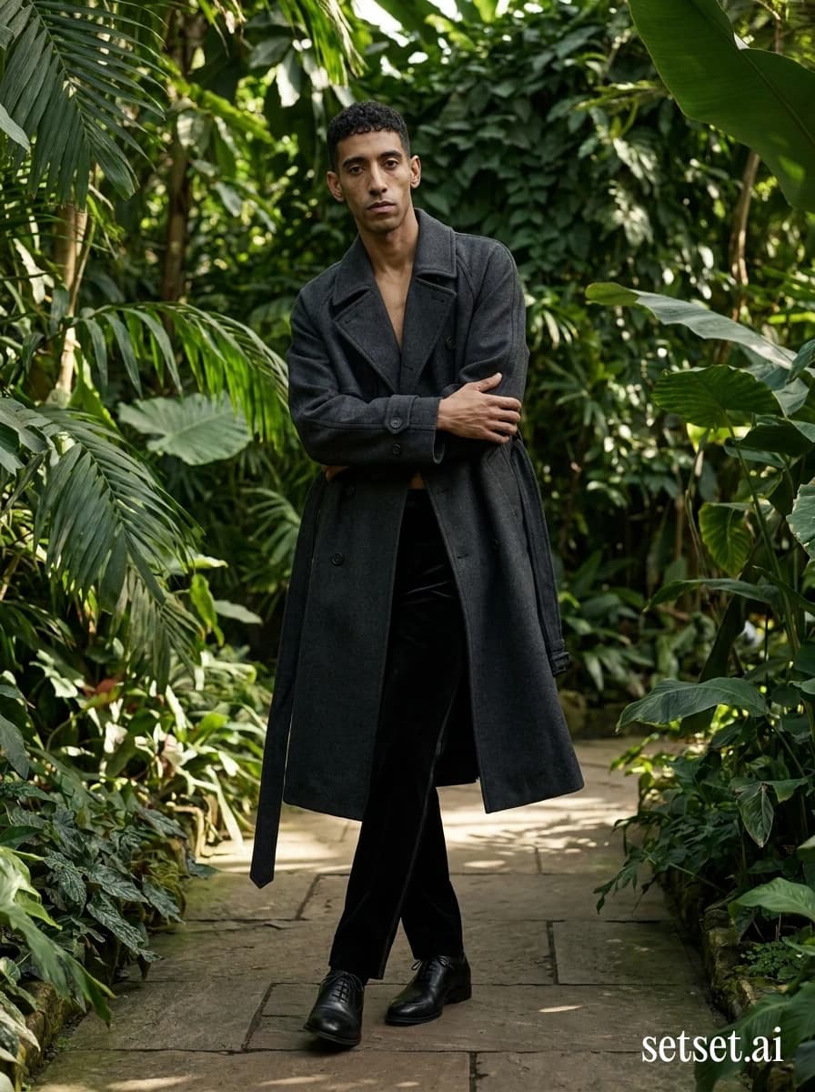 Men's charcoal trench coat outfit, velvet evening wear, botanical garden winter fashion. Charcoal trench thrown open over slim velvet evening, arms crossed in dappled botanical green.
