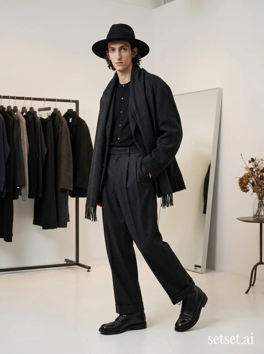 Men's charcoal wool jacket and trousers, fall showroom fashion. Raw-edged charcoal wool with felted brim, soft warmth filling the private showroom.