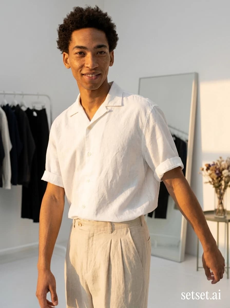 Men's spring linen trousers outfit, white short-sleeve shirt, showroom photography. Half-tucked poplin and cream linen warmed by golden rake inside a curated showroom.
