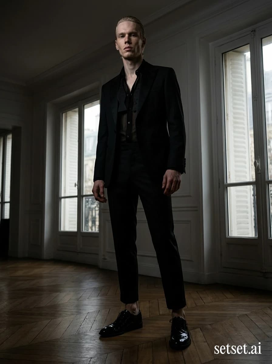 Men's formal tuxedo outfit, untied bow tie, Parisian apartment setting. Untied bow tie and bare ankles shot from low against a Parisian herringbone parquet.