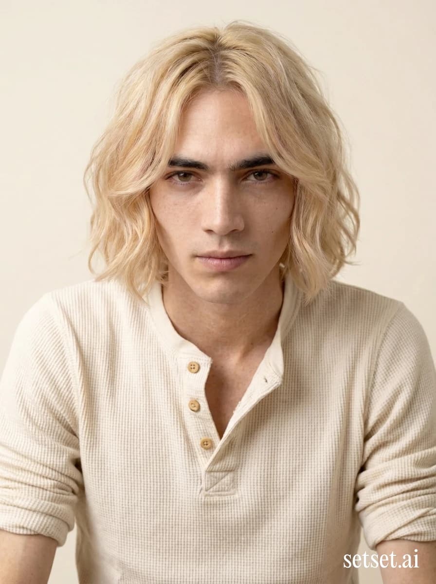 Men's summer cream waffle-knit henley and cord shorts outfit, high-key studio photography. Open henley and cord short rendered in warm cream, salt-air ease at high-key.