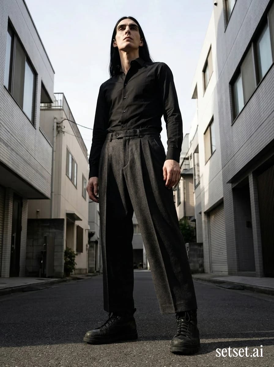 Men's minimalist fall fashion, black wide-leg trousers outfit, Tokyo street style. Soot-hooded layers and dropped wool low on the hips, low-angle in a quiet Tokyo lane.