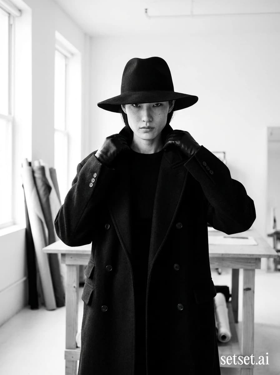 Dark moody fashion photography, women's charcoal wool coat outfit, fall lookbook. Charcoal wool tumbling off one shoulder in stark darkroom contrast inside the white atelier.