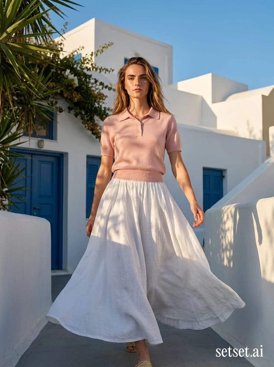 Spring fashion photography, women's cropped pink knit and linen maxi skirt. Cropped sugared-pink knit and voluminous raw-linen skirt walking whitewashed Greek wall.