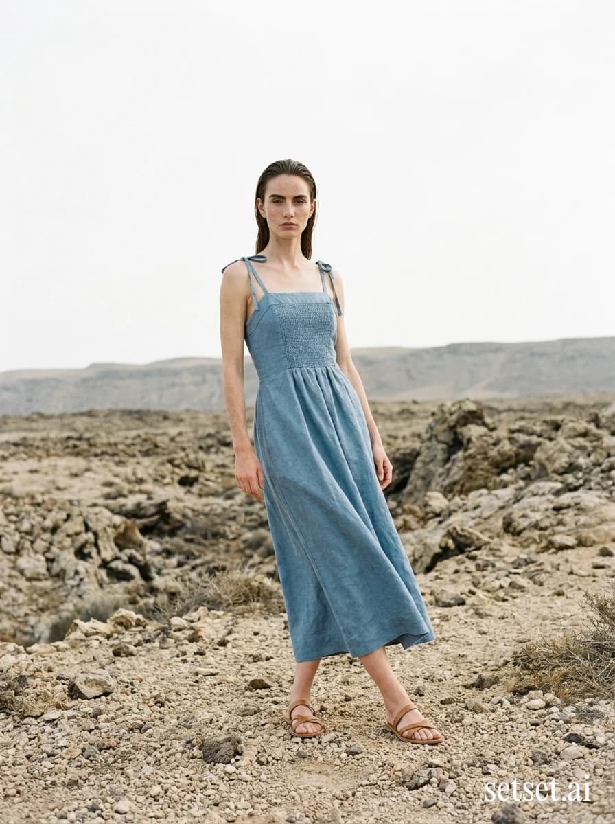 Cloud blue linen midi dress, women's spring desert fashion, outdoor lookbook. Cloud-blue linen midi planted T-stance on washed-out volcanic mesa gravel.