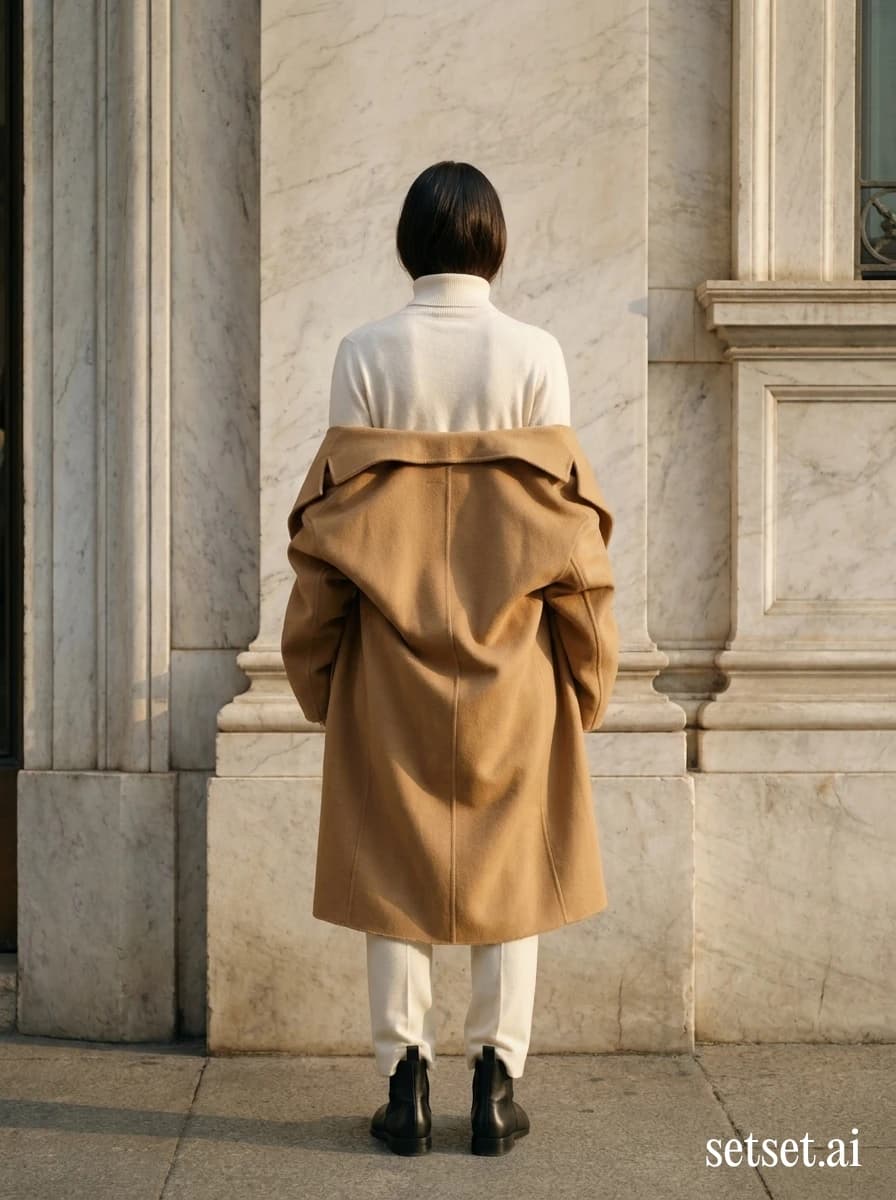 Quiet luxury spring outfit, women's ivory cashmere and camel coat. Ivory cashmere and camel coat from behind, marble Milan facade catching soft diffuse light.