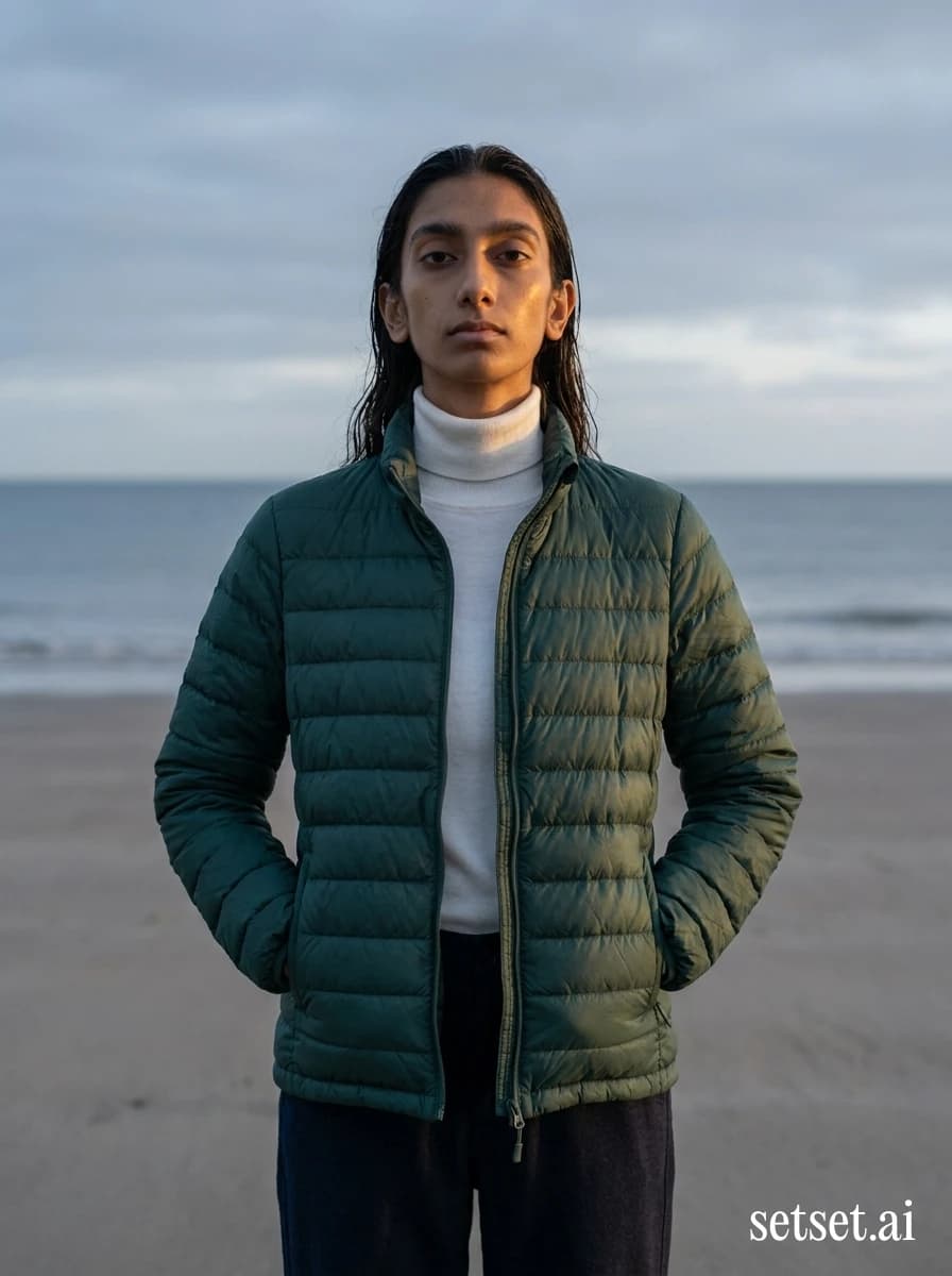 Women's winter puffer jacket outfit, minimalist beach photography, quiet luxury aesthetic. Glacier-spec down in muted verdigris on quiet sand, alpenglow grazing only the cheekbones.