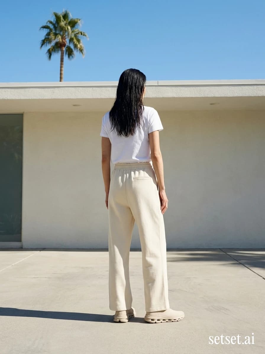 Sport-luxe fashion photography, women's cream wide-leg sweatpants outfit, Palm Springs. Cream-on-cream sport-luxe column turned from camera under a single Palm Springs palm.