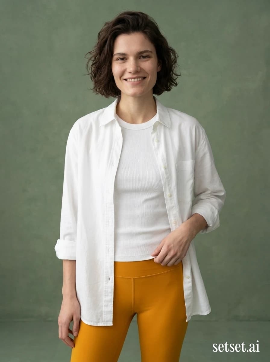 Sporty minimalist fashion photography, women's saffron yellow leggings outfit, spring studio. One molten pop on muted green: sport-luxe legging held against cool studio quiet.