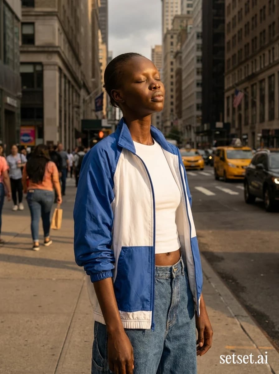 Women's spring street style, royal blue windbreaker and baggy jeans outfit, city photography. Royal-blue windbreaker over baggy carpenter denim caught serene amid Manhattan blur.