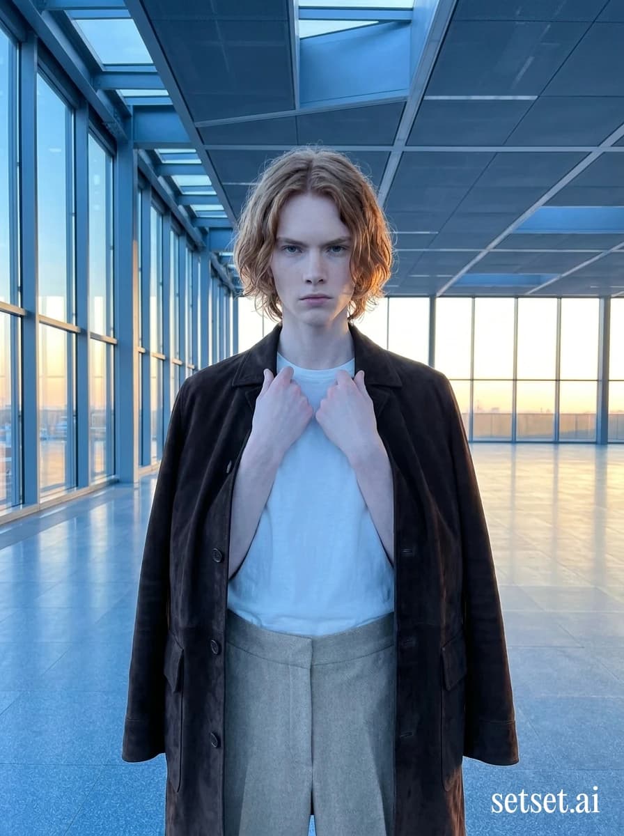 Fall fashion photography, women's suede coat and white t-shirt outfit, airport terminal. Oat-on-oat suede coat draped at the shoulder under cobalt-blue terminal glass.