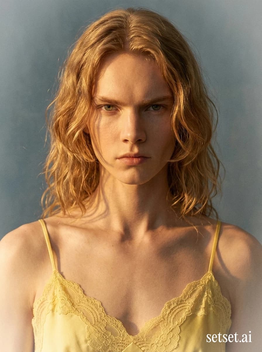 Butter yellow silk slip dress, women's summer fashion, studio portrait photography. Floor-length silk slip in butter yellow, scalloped lace catching honey-amber rake.
