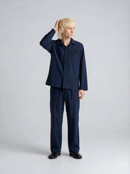 Model in navy suit studio