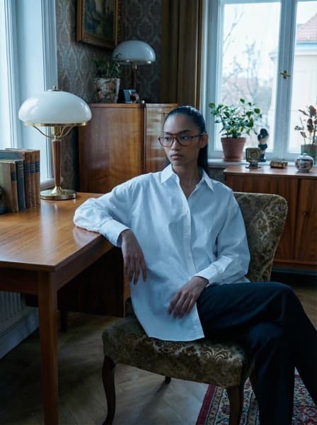 Model in striped shirt interior
