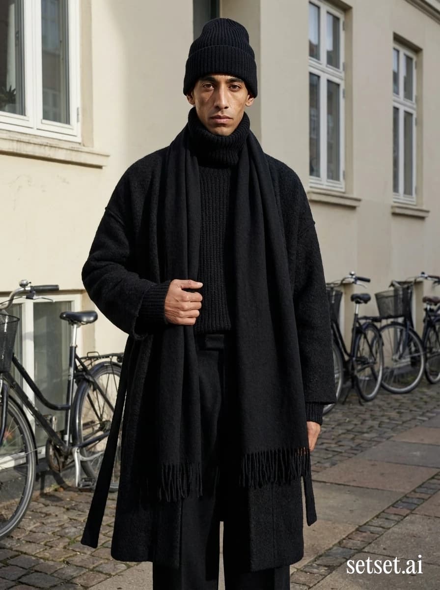 Men's winter fashion, black wool coat and scarf street style. Floor-grazing boiled wool and frayed scarf carved by raking key on a Copenhagen facade.