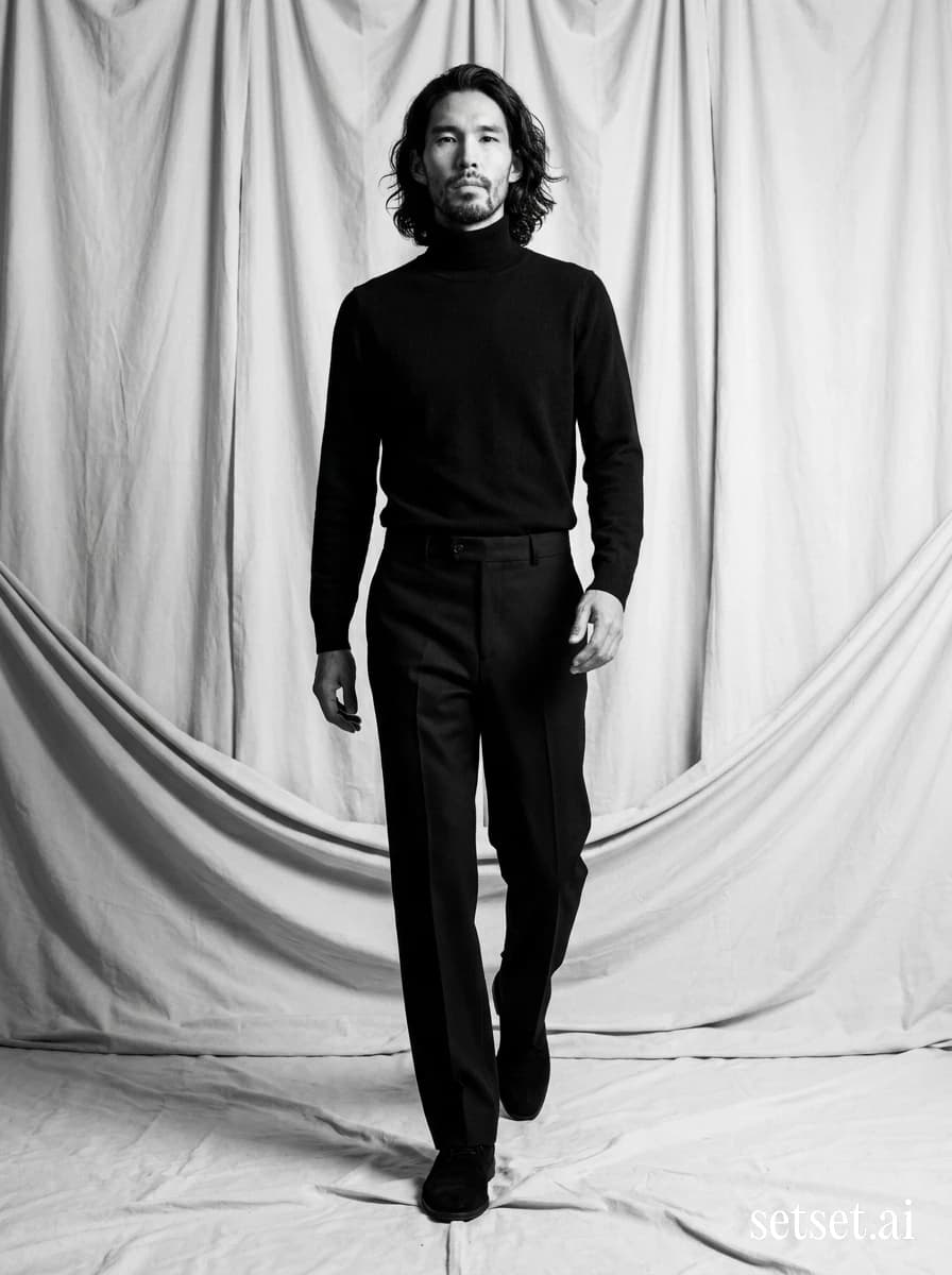 Dark dramatic studio photography, men's black cashmere turtleneck outfit, winter fashion. All-black cashmere column walking through layered muslin sags in stark darkroom monochrome.