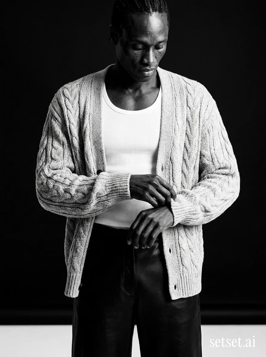 Men's fall cable knit cardigan, sculpted black leather wide-leg pants. Cable cardigan against sculpted leather wide-leg, cuff caught mid-adjust against forest green.
