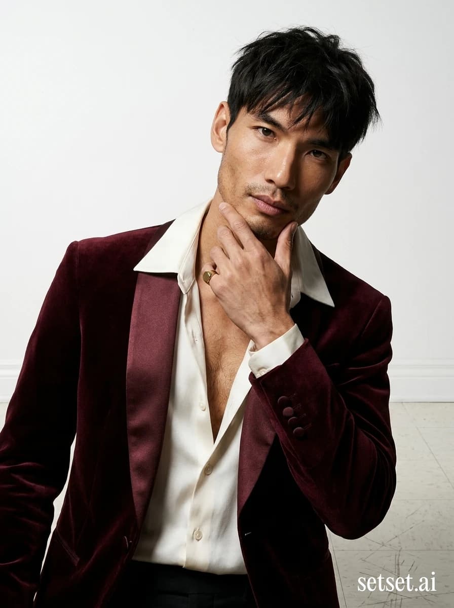 Men's oxblood velvet blazer, winter evening wear, studio fashion photography. Oxblood velvet pile carved by raking key light against a scratched off-white tile.