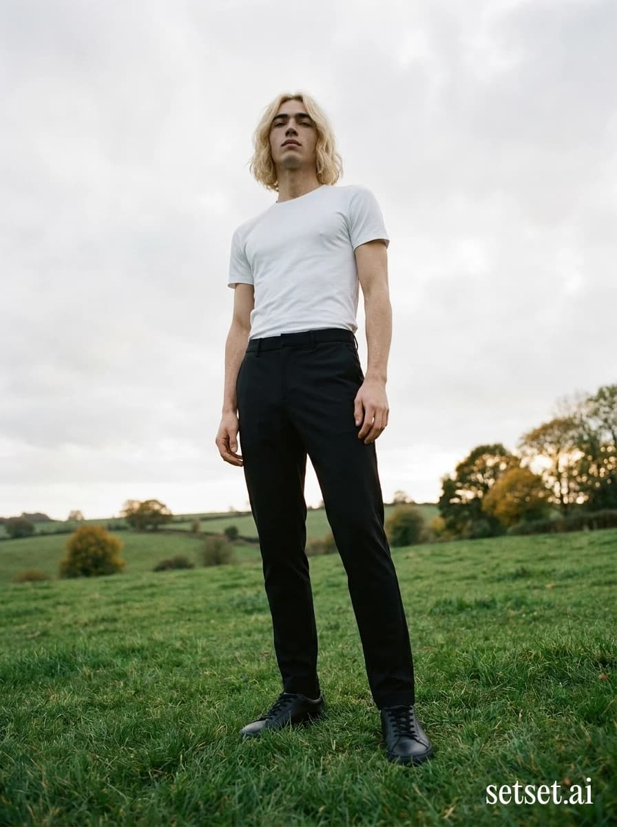 Minimalist men's spring outfit, white t-shirt and black pants, outdoor fashion shoot. Black tapered stretch and white crew shot heroic-low across cold green English pasture.