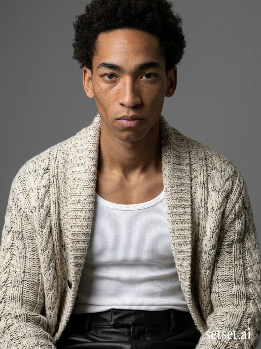 Men's fall fashion, cream cable knit cardigan and black leather wide-leg pants. Cream cable softness meeting black leather wide-leg, fierce eye contact in clean gray.