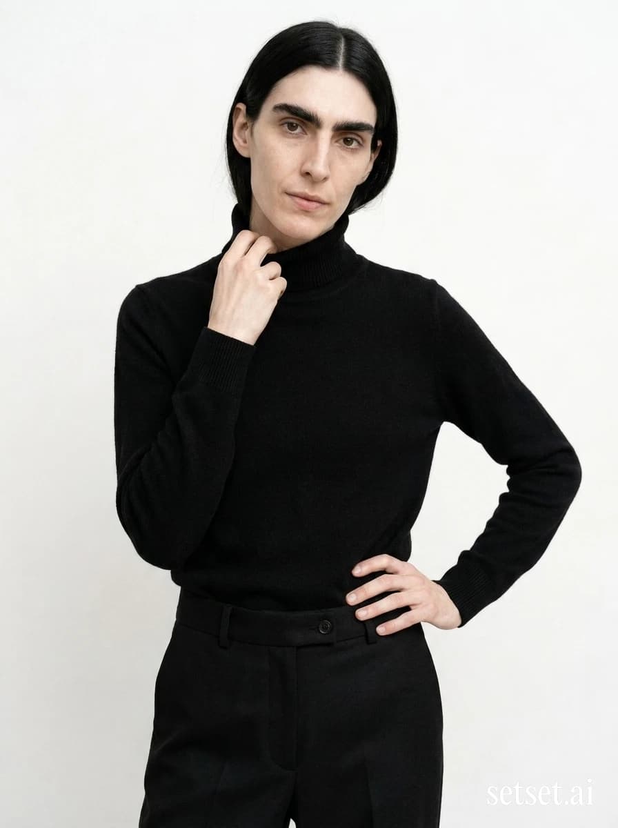 Men's winter fashion, black cashmere turtleneck and wool trousers, high-key studio photography. Black cashmere turtleneck and high-rise wool, weightless against airy lookbook white.