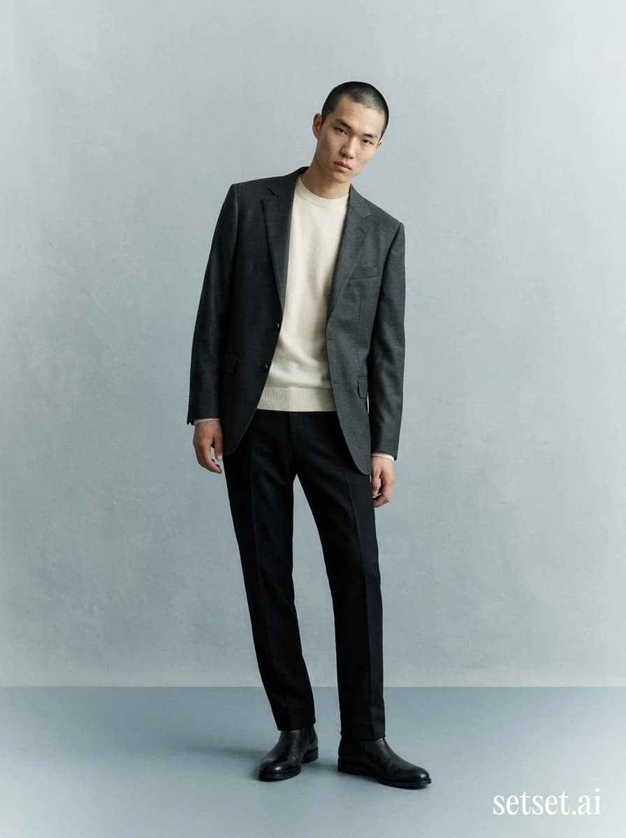 Men's spring fashion, charcoal blazer outfit, minimalist aesthetic. Ivory crew glowing under charcoal blazer, downtown gravity against cool steel-blue wall.