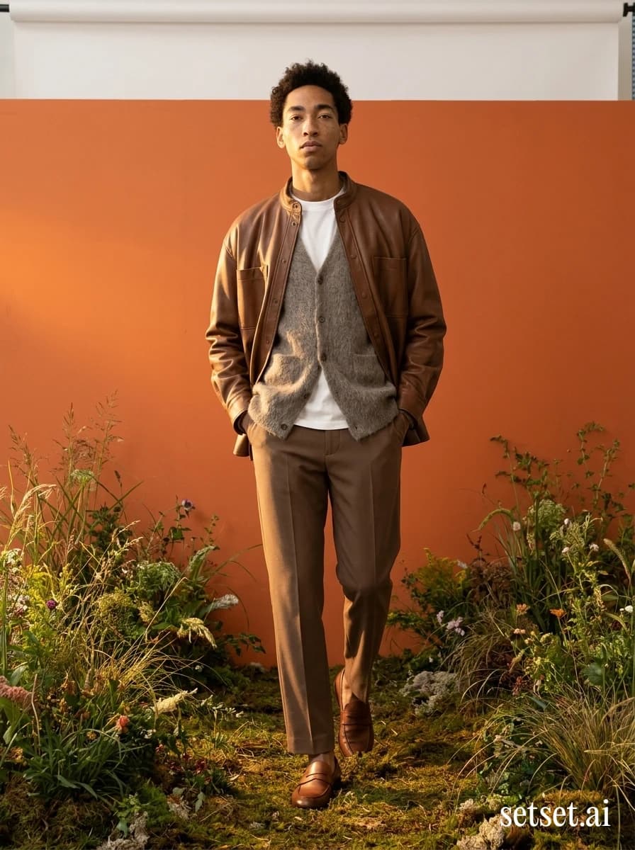 Men's spring fashion, mohair overshirt and leather shirt layered outfit, outdoor editorial. Mid-stride mohair overshirt walking past a matte orange wall and wild forest-floor greenery.