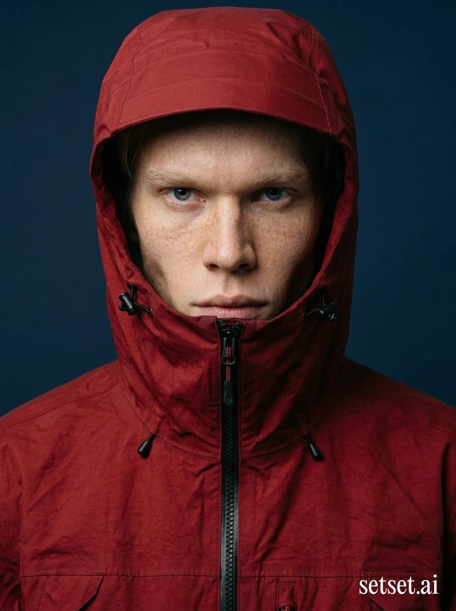 Men's red performance shell jacket, winter outdoor activewear studio photography. Glacier-spec hardshell hood up in saturated red, hero close-up against deep cobalt.