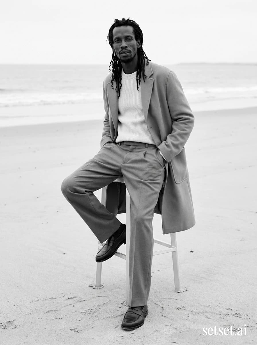 Quiet luxury men's outfit, camel monochrome knit sweater and overcoat, beach photography. Cream-taupe-camel quiet luxury seated on the beach in stark high-contrast monochrome.