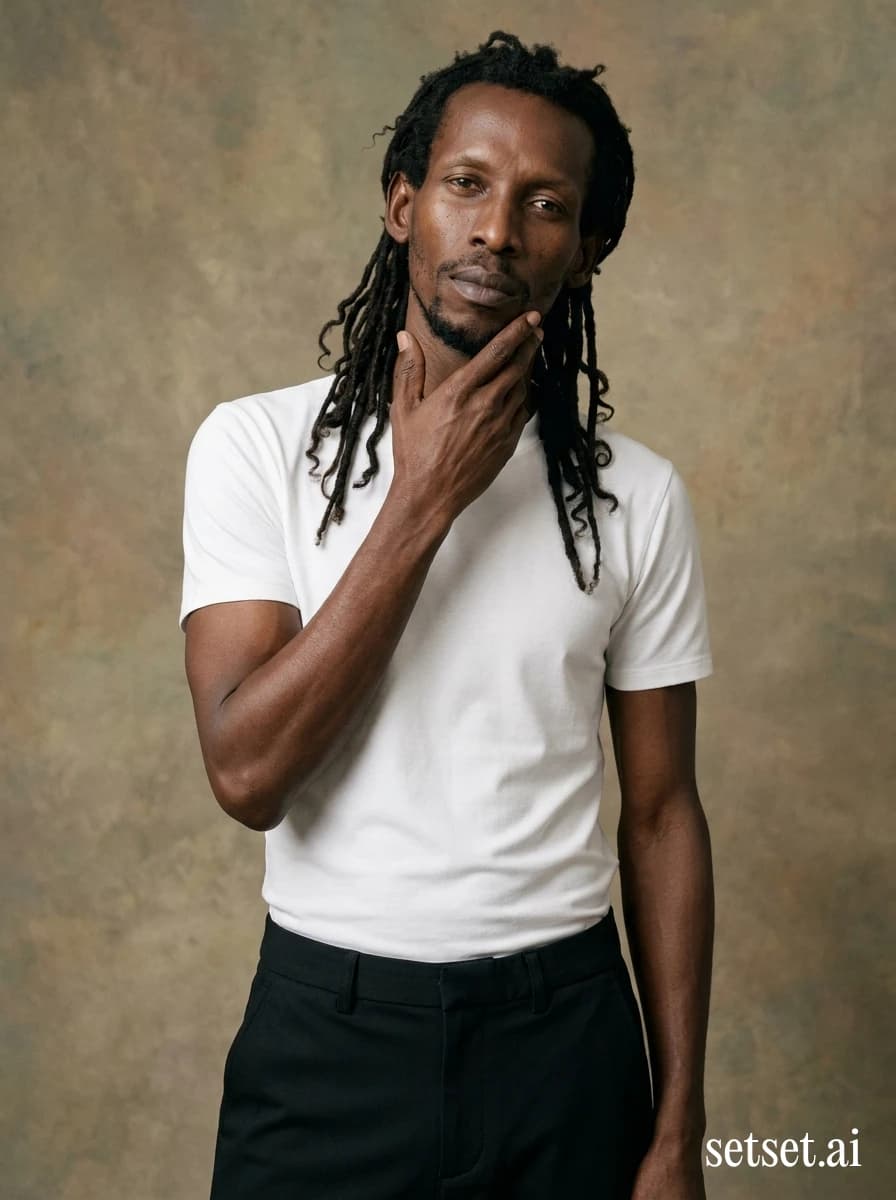 Monochrome men's stretch trousers, spring studio fashion photography, sport-luxe outfit. Monochrome stretch trouser uniform on hand-painted canvas, sport-luxe done in old-master grain.