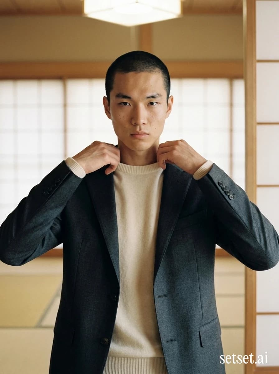 Men's minimalist spring outfit, charcoal blazer and ivory cashmere sweater. Charcoal blazer over ivory cashmere inside a serene shoji-screened Tokyo room.