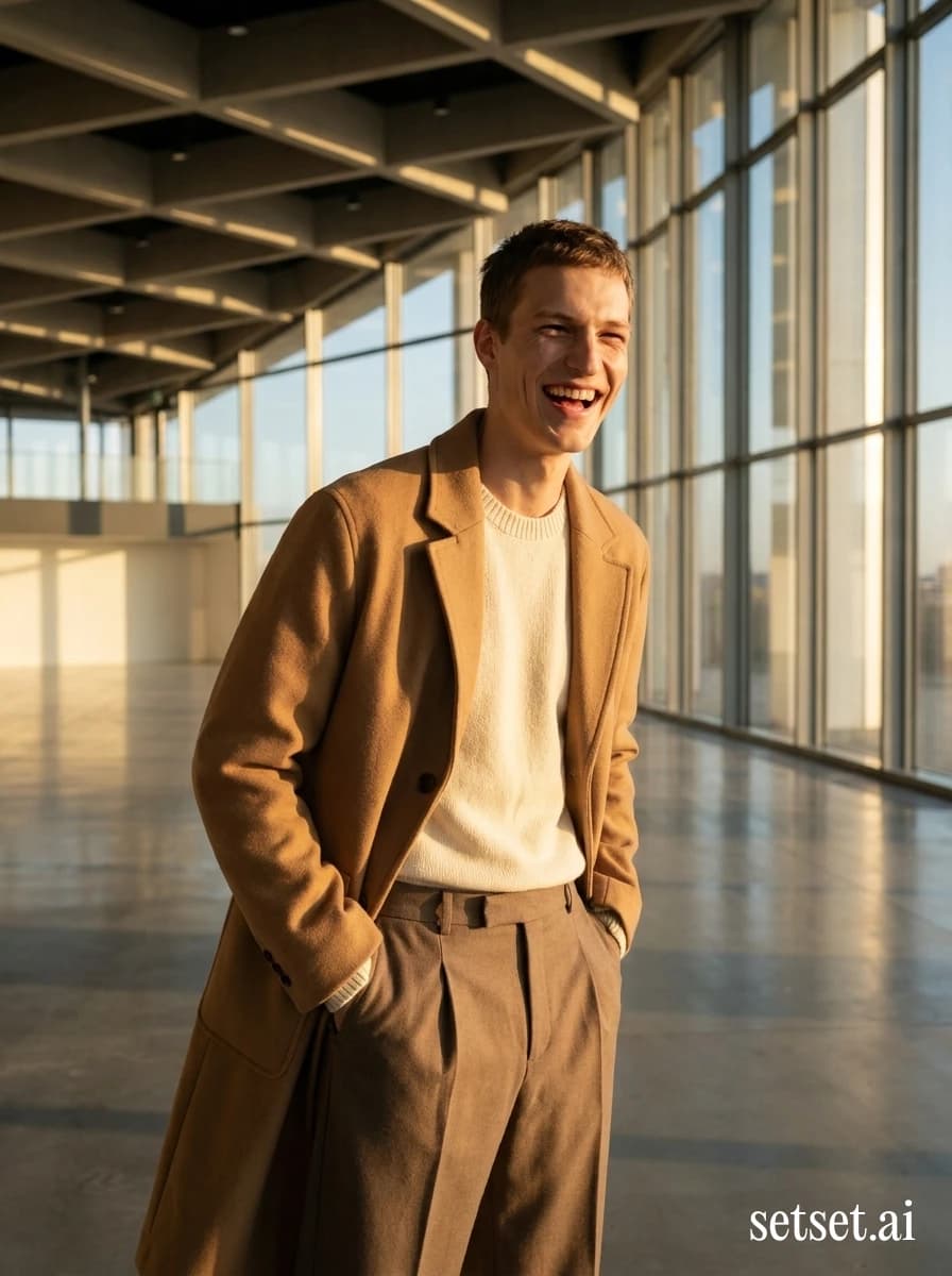 Men's camel overcoat and cream sweater, airport terminal fashion, spring layering outfit. Cream-taupe-camel layered for genuine joy under golden sunrise glass.