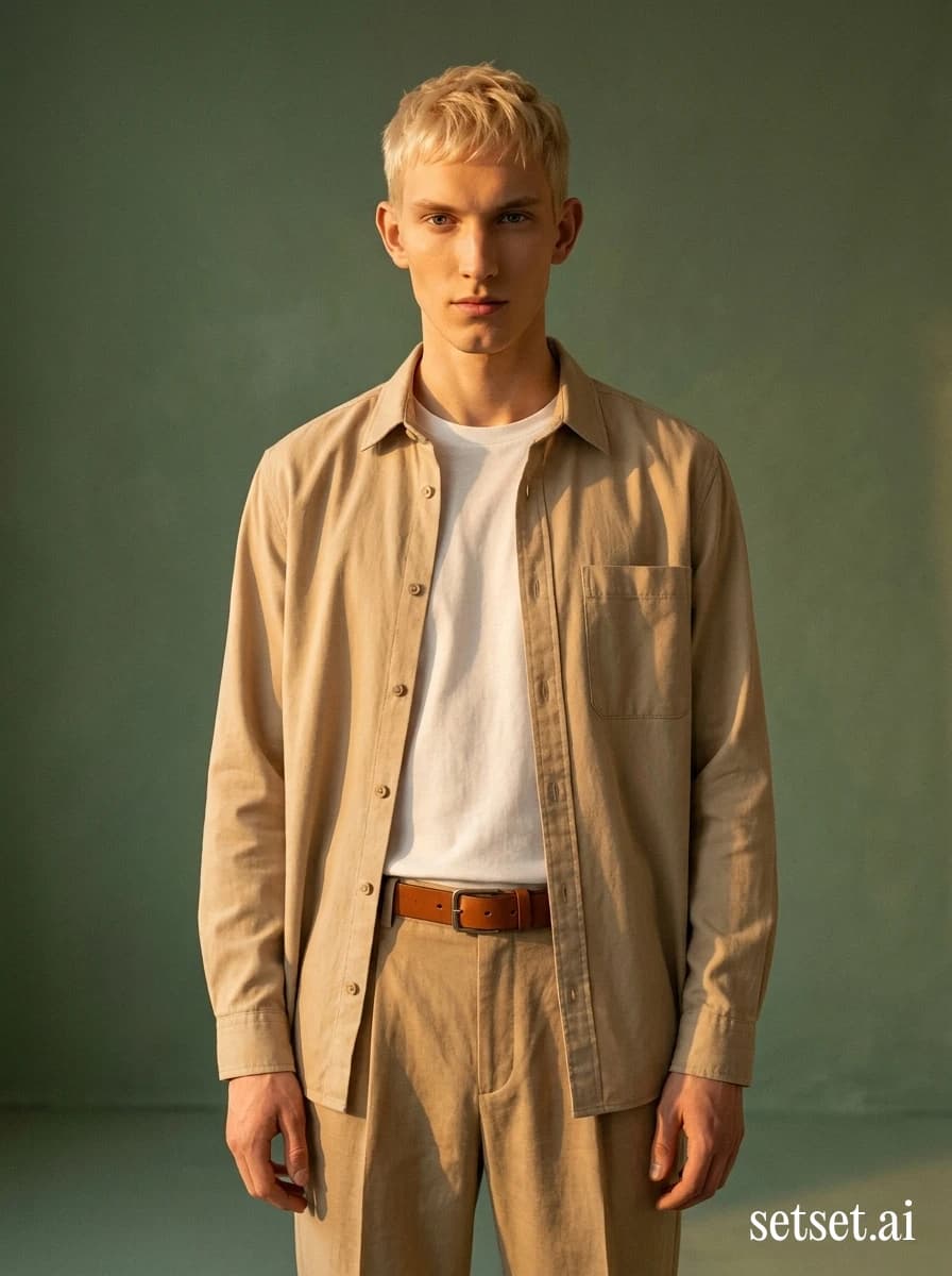Men's tonal sand pleated trousers, spring studio fashion photography. Tonal sand-on-sand menswear column lit by golden directional rake on muted green.