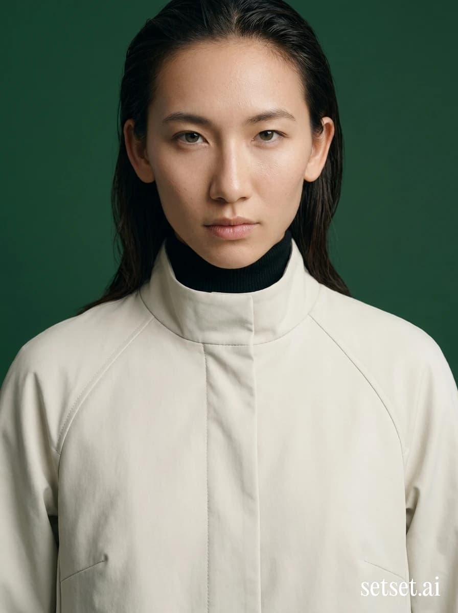 Architectural chalk shell coat, women's fall studio fashion photography. Architectural urban-tailored shell coat in chalk, set quiet against deep forest green.