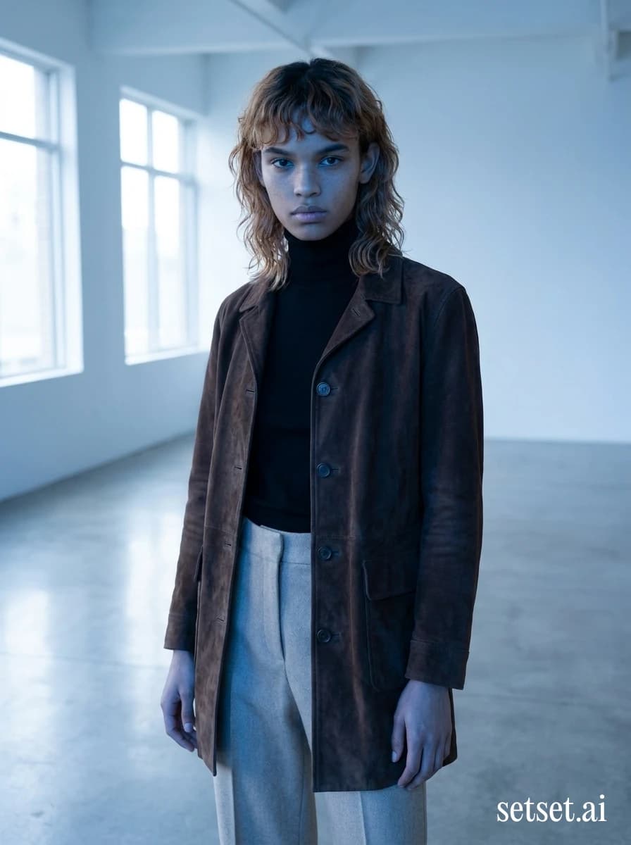 Women's suede car coat, fall fashion photography, cool blue studio lighting. Suede car coat draped at the shoulder under cool cobalt-cast daylight in an empty studio.