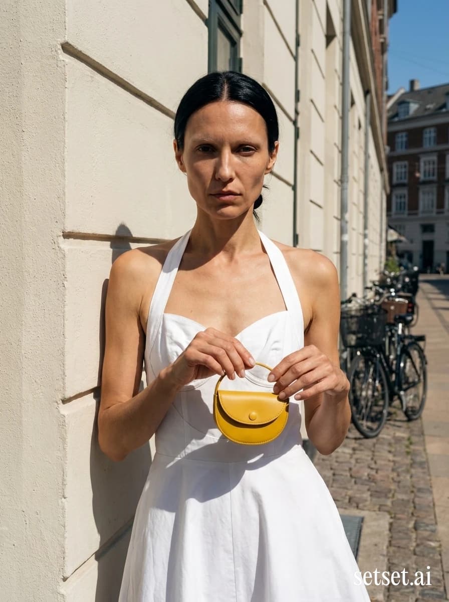 Chalky white halter mini dress, women's summer street style outfit. Chalky white halter mini and a butter-yellow micro pouch against a flat Copenhagen facade.