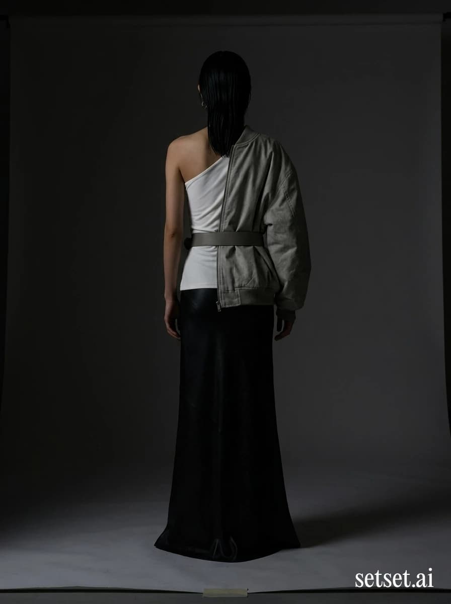 Dark moody studio fashion, women's draped leather top outfit, spring editorial. Pearl jersey corseted into long inky leather, anvil shoulders melting into wet darkness.