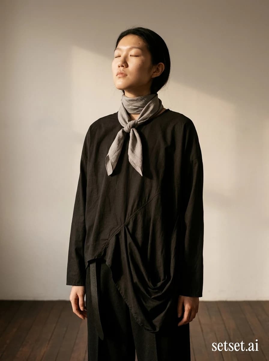 Painterly chiaroscuro fashion photography, women's asymmetric cowl-neck top outfit. Yamamoto cowl hem cascading off-shoulder over teak floor, eyes closed in painterly chiaroscuro.