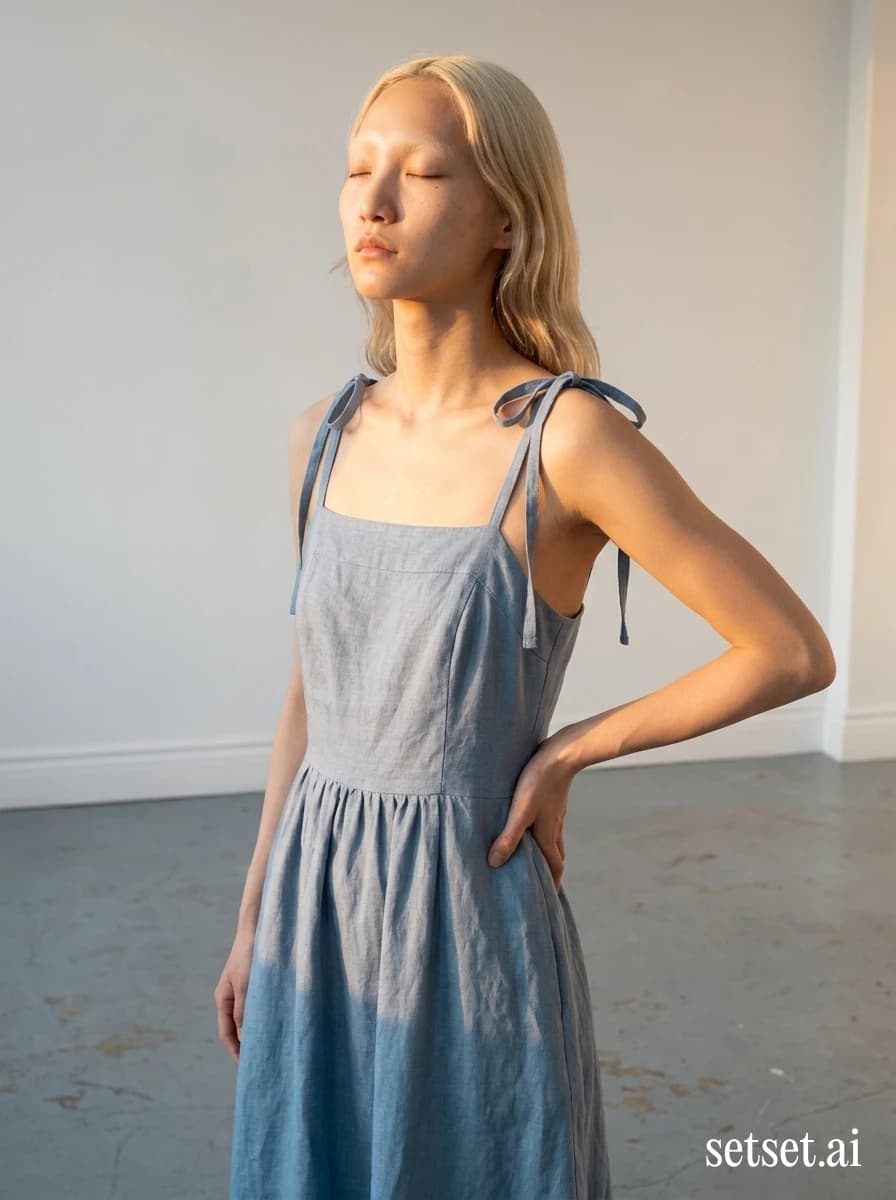 Smocked linen midi dress, women's spring fashion, warm studio light photography. Smocked cloud-blue midi against pale wainscot, golden directional warmth on bare arms.