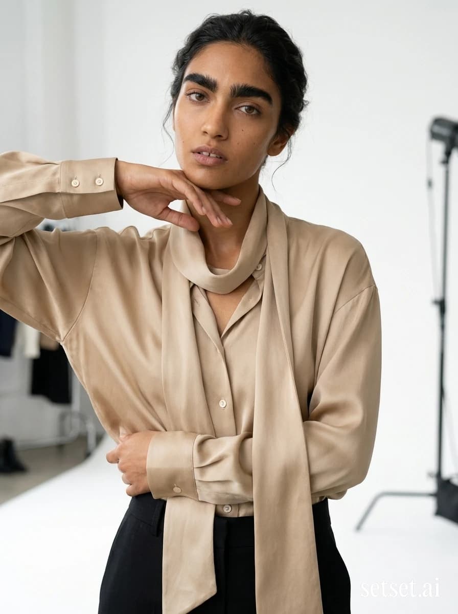 Minimalist studio fashion, women's relaxed button-down shirt outfit, spring neutrals. Hand near jaw, sand neutrals breathing in a sparse studio cleared down to a single rack.