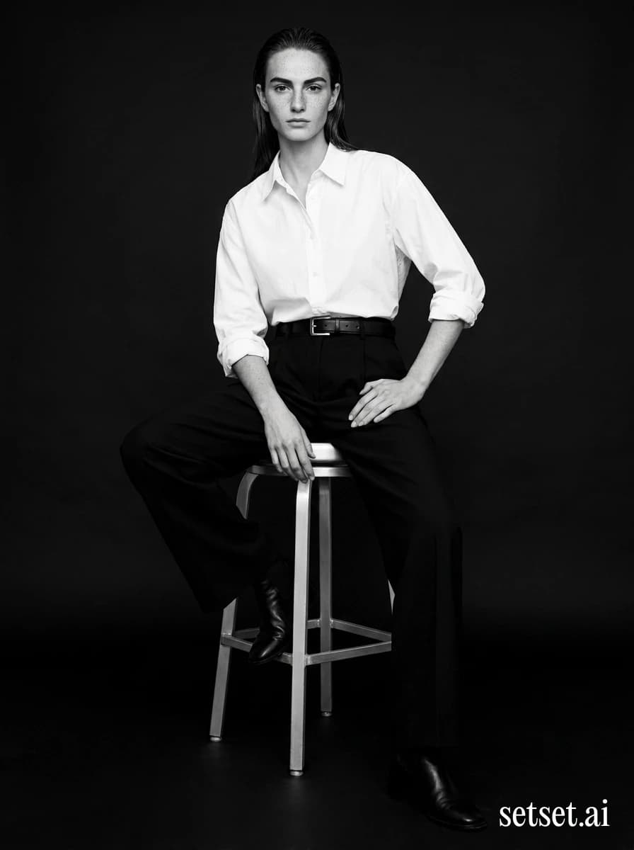 Monochrome studio fashion photography, women's crisp white shirt and wide-leg trousers. Crisp poplin and wide-leg wool in stark monochrome, aluminum stool and editorial composure.