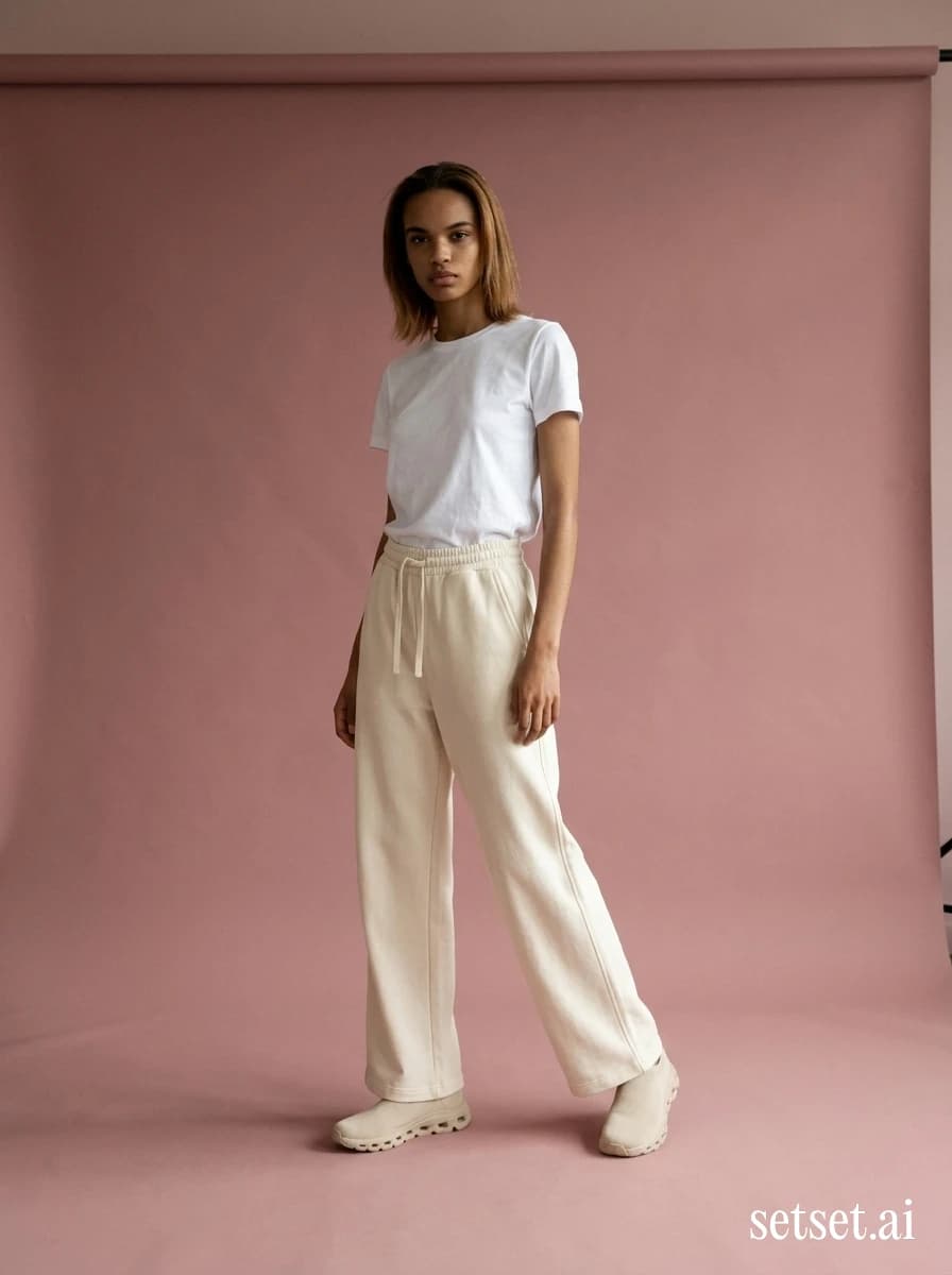 Sporty minimalist fashion, women's cream wide-leg sweatpants outfit, spring studio look. Cream-on-cream sport-luxe column on dusty rose, sculptural sneaker grounding the silhouette.
