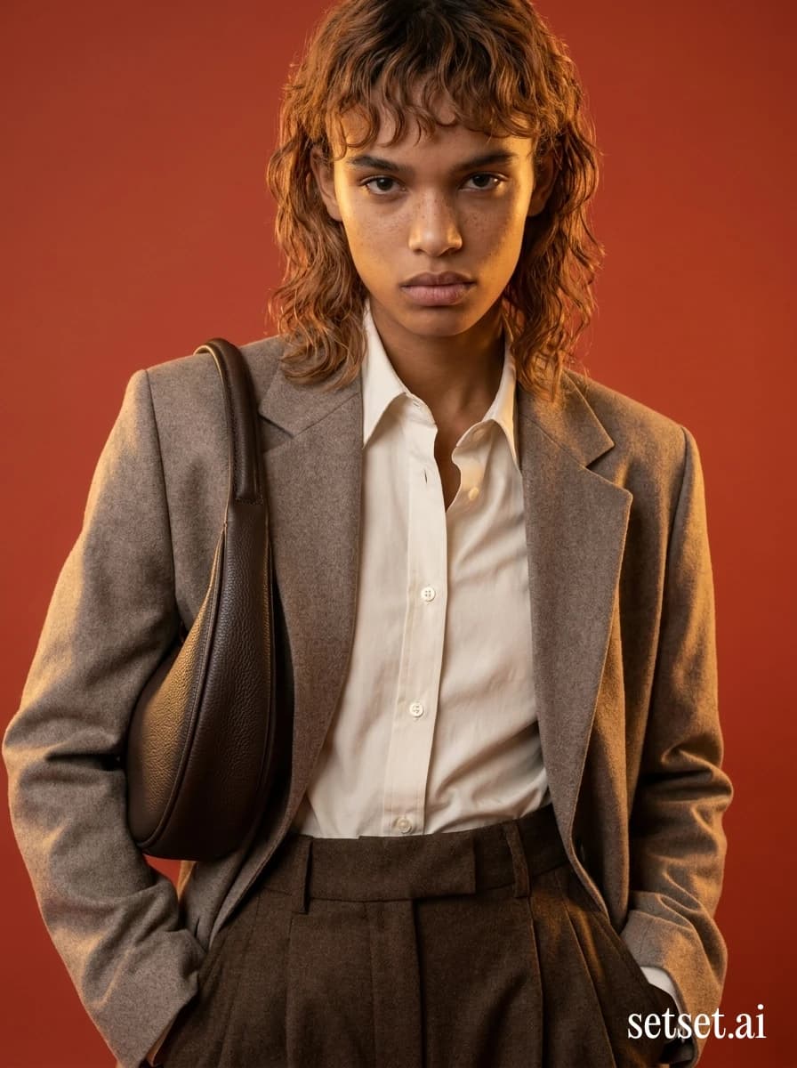Fall fashion studio photography, women's brown blazer and pleated trousers outfit. Two browns lifted by ecru, croissant bag tucked high against terracotta warmth.