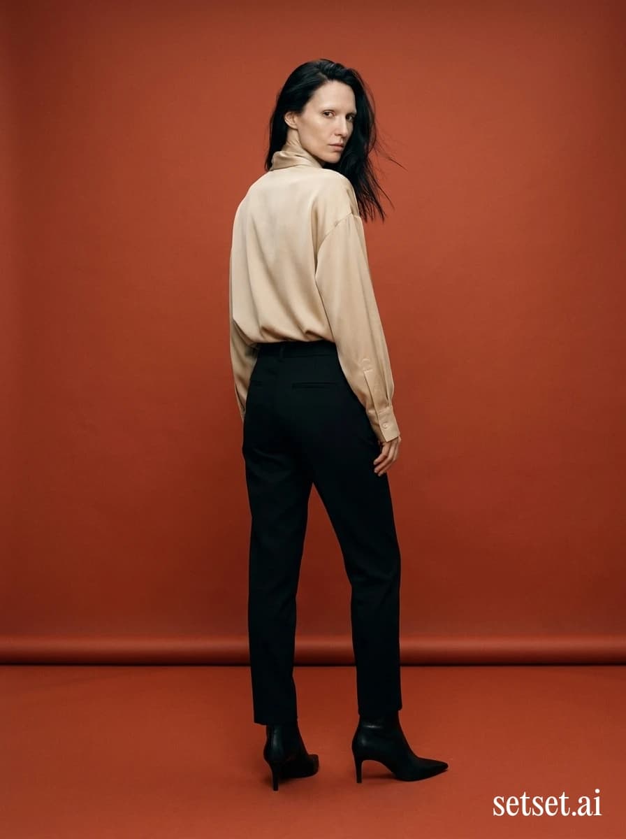 Women's spring trench coat outfit, neutral tones, red studio backdrop. A single tonal trench against red, mid-step and unbelted in three close earthy neutrals.