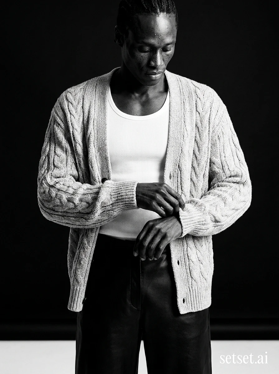 Men's fall cable knit cardigan, sculpted black leather wide-leg pants. Cable cardigan against sculpted leather wide-leg, cuff caught mid-adjust against forest green.